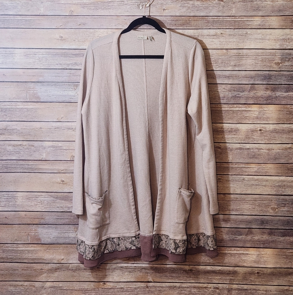 LOGO Women's Cream Cardigan with Lace Trim